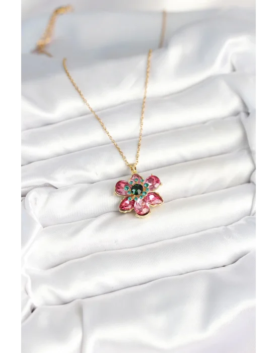 316L Çelik Zincirli Pembe Çiçek Model Kadın Kolye