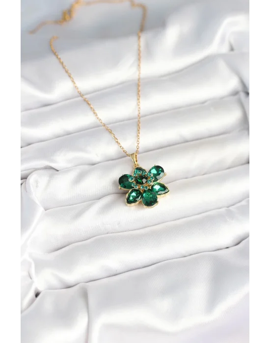 316L Çelik Zincirli Yeşil Çiçek Model Kadın Kolye