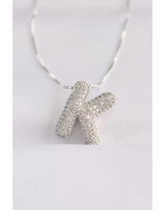 316L Çelik Zincirli Zirkon Taşlı K Harfli Silver Renk Bubble Kolye