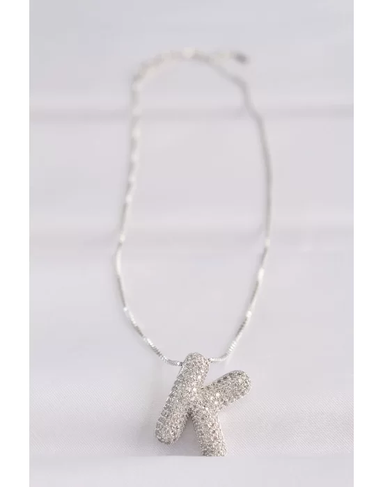 316L Çelik Zincirli Zirkon Taşlı K Harfli Silver Renk Bubble Kolye