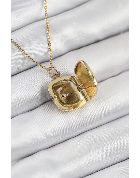 316L Çelik Zirkon Taşlı Açılabilr Kapaklı Göz Model Gold Renk Kadın Kolye