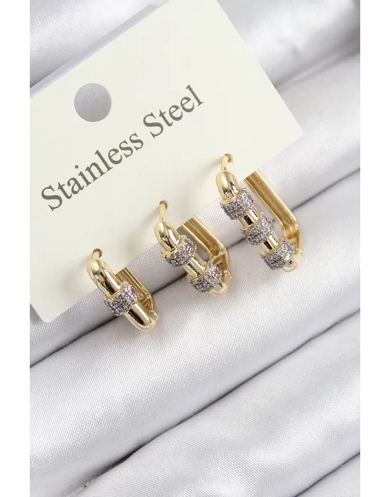 316L Çelik Zirkon Taşlı Dikdörtgen Model Gold Renk 3lü Set Kadın Küpe