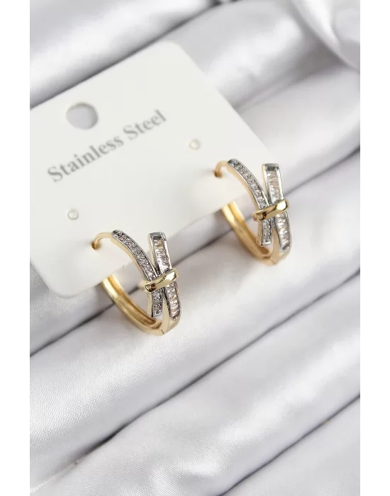 316L Çelik Zirkon Taşlı Düğüm Halka Model Gold Ve Gümüş Renk Kadın Küpe