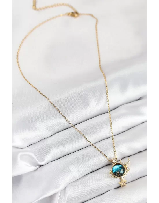 316L Çelik Zirkon Taşlı Gezegen Model Gold Renk Kadın Kolye