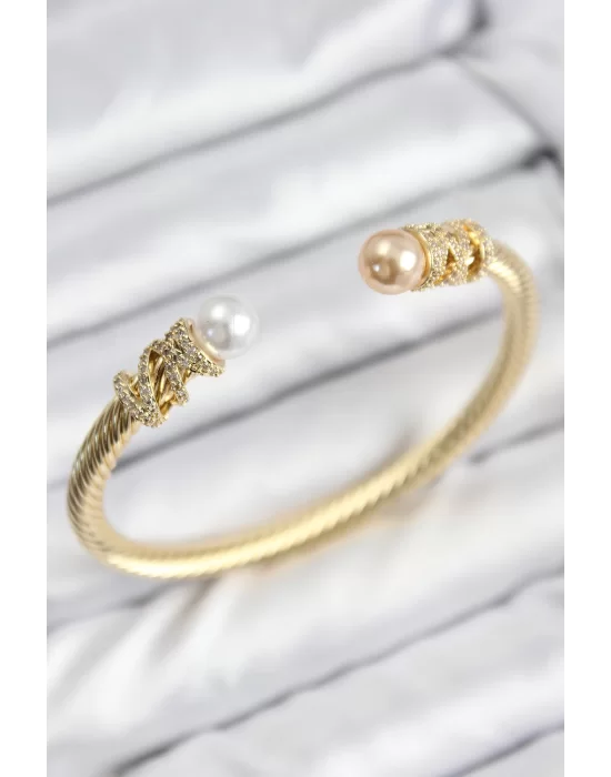316L Çelik Zirkon Taşlı İnci Model Gold Renk Kadın Bileklik