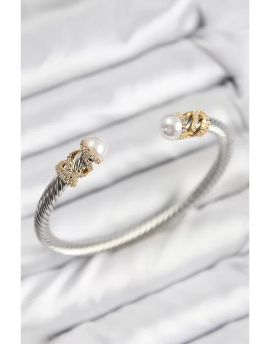 316L Çelik Zirkon Taşlı İnci Model Gold Ve Gümüş Renk Kadın Bileklik