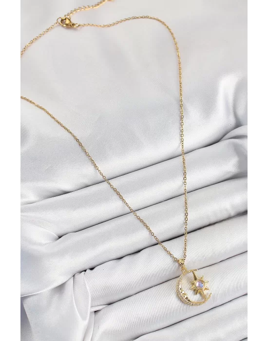 316L Çelik Zirkon Taşlı Kutup Yıldızlı Hilal Model Gold Renk Kadın Kolye