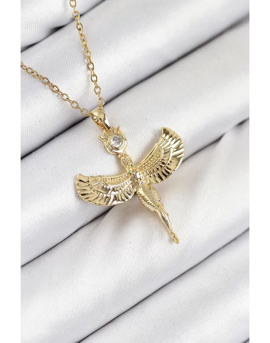 316L Çelik Zirkon Taşlı Melek Model Gold Renk Kadın Kolye