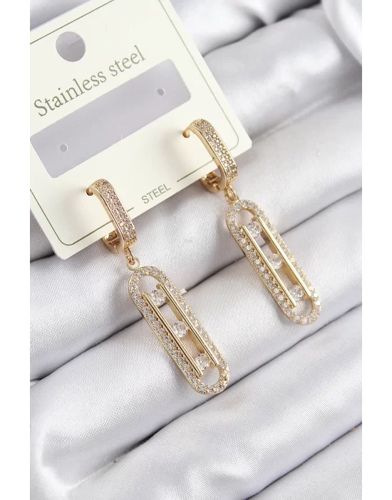 316L Çelik Zirkon Taşlı Sallantılı Messika Model Gold Renk Kadın Küpe