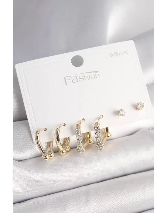 925 Ayar Gümüş Çivi Pirinç Gold Renk Tiffany Halka Model Kadın Küpe Seti