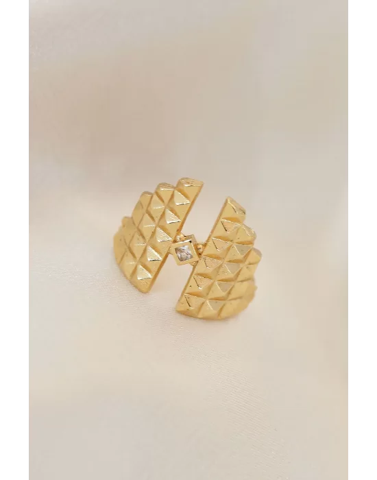 Ayarlamalı Gold Renk Metal Zirkon Taşlı Piramit Yüzük