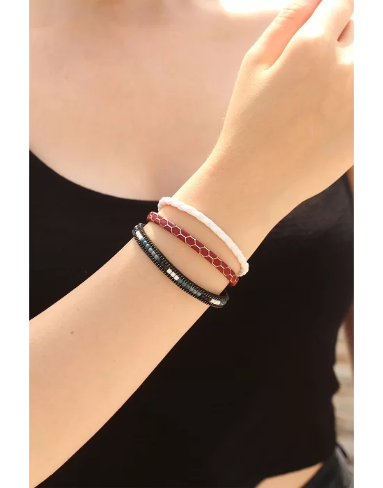 Bordo Renk Desenli Tasarımlı Taşlı Beyaz Örgü Model Kadın Deri Bileklik