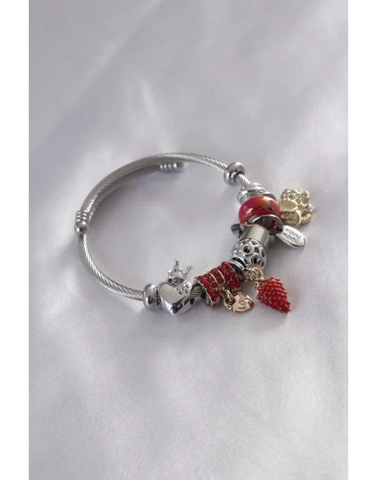 Çelik Charm Model Çilek Figür Kalp Detay Zirkon Taşlı Kadın Bileklik