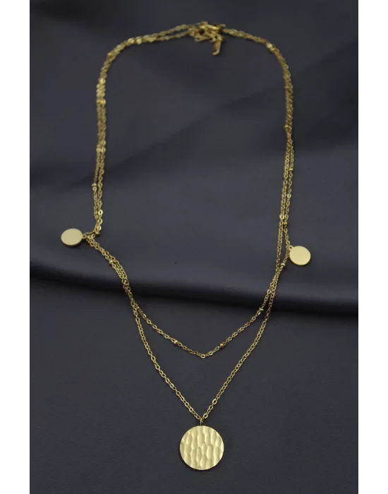 Çelik Gold Renk Desenli Oval Model Çift Zincir Tasarımlı Kadın Kolye