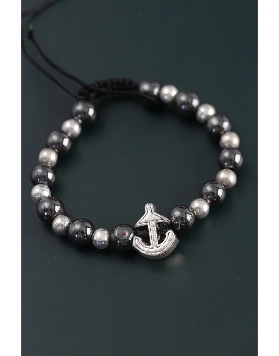 Doğal Taş Çapa Model Gümüş Ve Füme Renk Asansörlü Erkek Bileklik