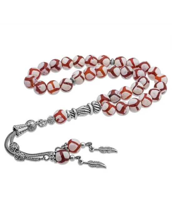 Doğaltaş Metal Püsküllü Çizgili Akik Taşı Tesbih