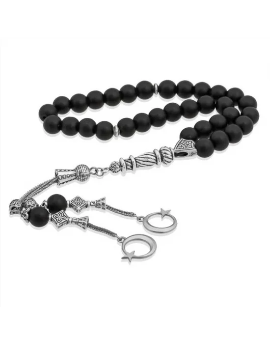 Doğaltaş Metal Püsküllü Oniks Siyah Mat Taşlı Tesbih