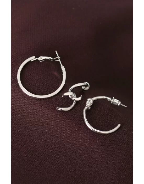 Düğüm Model Gümüş Renk Metal Çoklu Halka Küpe
