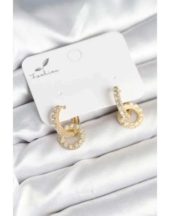 Gold Renk Pirinç Zirkon Taşlı Halka Model Kadın Küpe