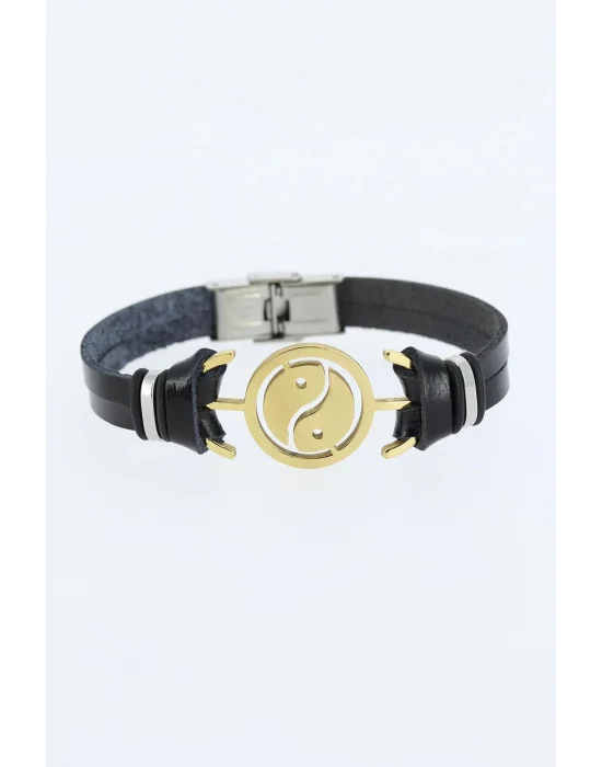 Gold Renk Yin Yang Figürlü Metal Aksesuarlı Siyah Renk Deri Erkek Bileklik