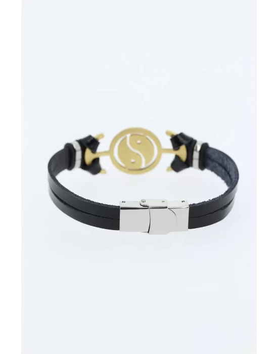 Gold Renk Yin Yang Figürlü Metal Aksesuarlı Siyah Renk Deri Erkek Bileklik