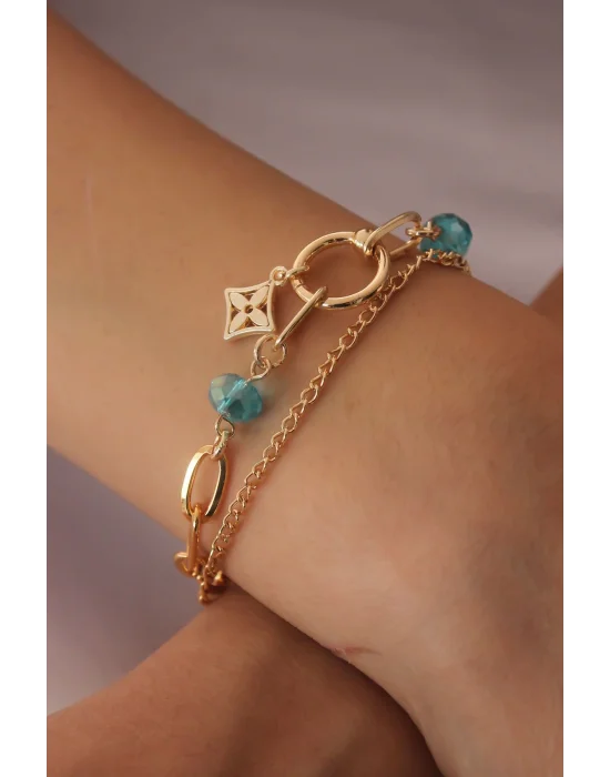 Gold Renk Yonca Figür Mavi Kristal Boncuk Detay Kadın Bileklik