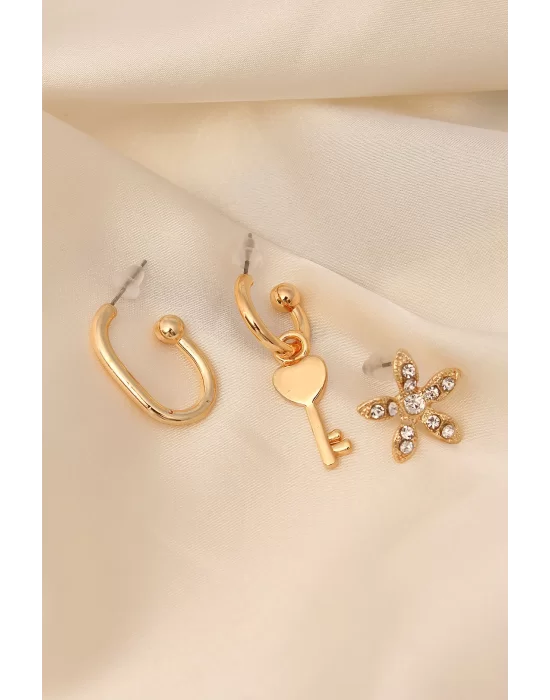 Gold Renkli Metal Zirkon Taşlı Kalpli Anahtar Detaylı Küpe Seti