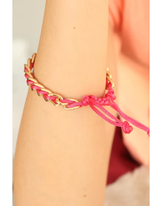 Gold Zincirli Pembe İpli Bayan Bileklik