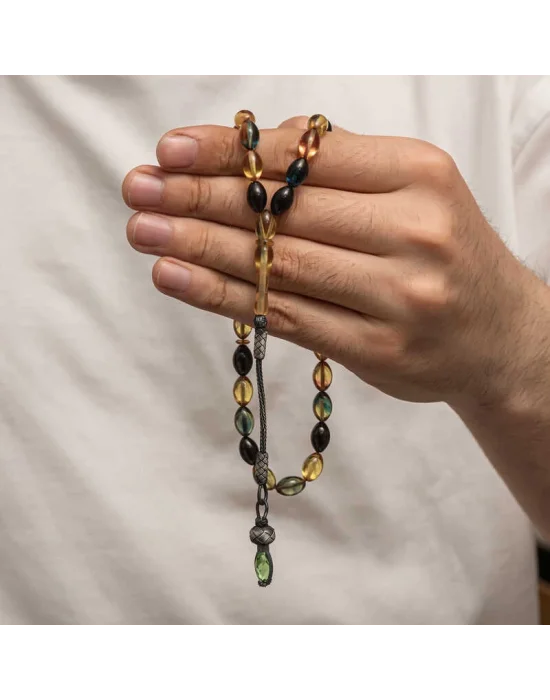 Gümüş 1000 Ayar Kazaz Püsküllü Sıkma Kehribar Tesbih