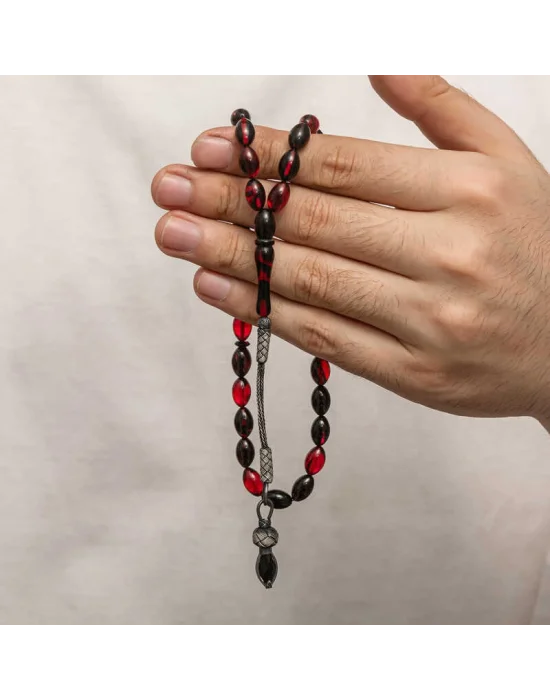 Gümüş 1000 Ayar Kazaz Püsküllü Sıkma Kehribar Tesbih