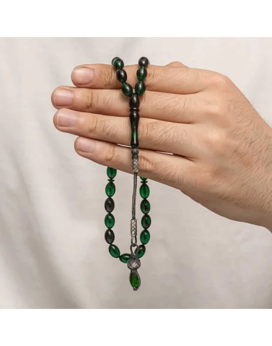 Gümüş 1000 Ayar Kazaz Püsküllü Sıkma Kehribar Tesbih