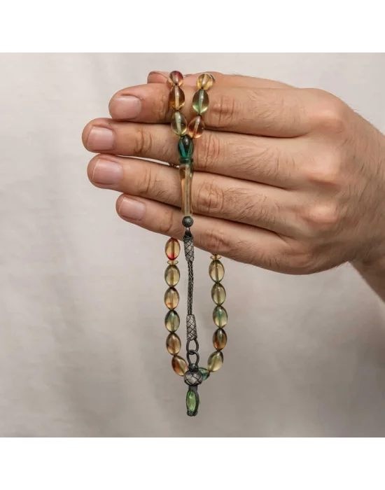 Gümüş 1000 Ayar Kazaz Püsküllü Sıkma Kehribar Tesbih