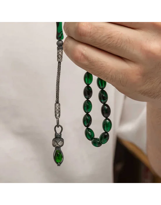 Gümüş 1000 Ayar Kazaz Püsküllü Sıkma Kehribar Tesbih