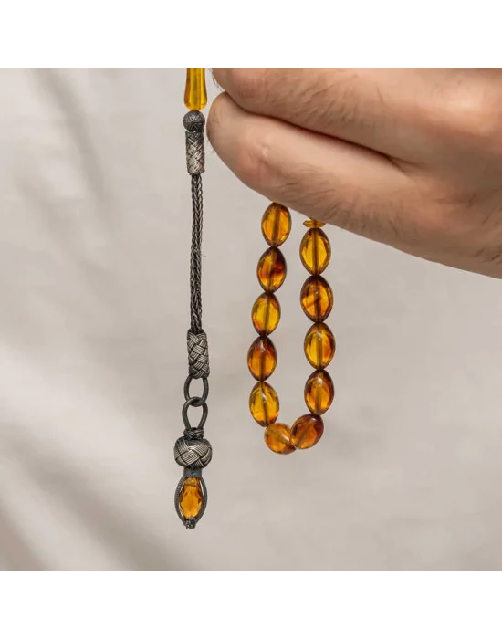 Gümüş 1000 Ayar Kazaz Püsküllü Sıkma Kehribar Tesbih