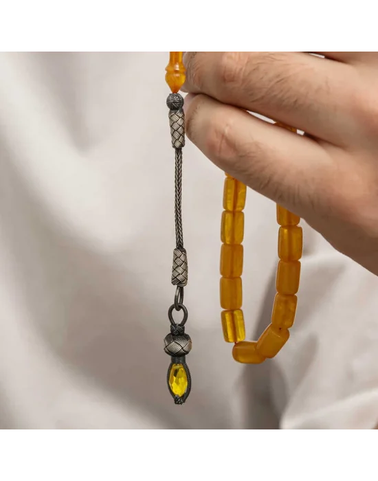 Gümüş 1000 Ayar Kazaz Püsküllü Sıkma Kehribar Tesbih