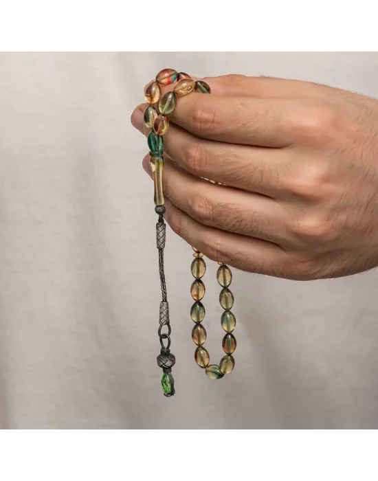 Gümüş 1000 Ayar Kazaz Püsküllü Sıkma Kehribar Tesbih