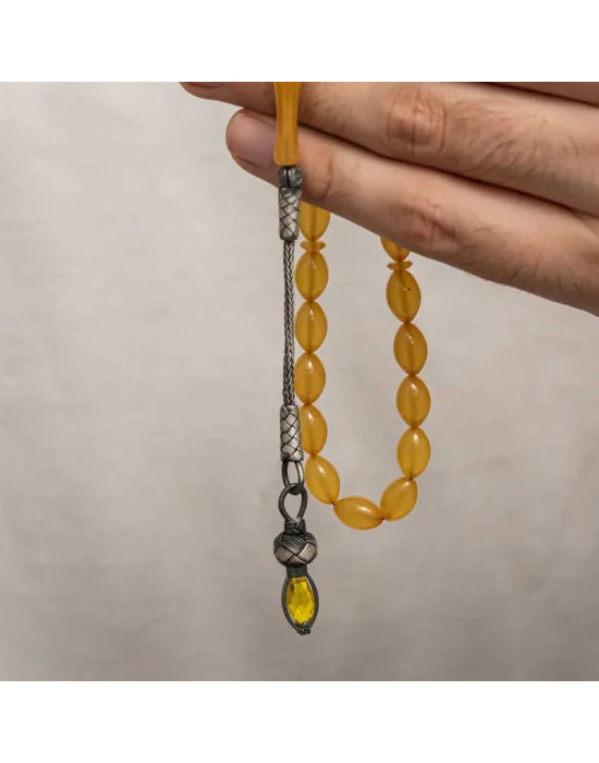 Gümüş 1000 Ayar Kazaz Püsküllü Sıkma Kehribar Tesbih