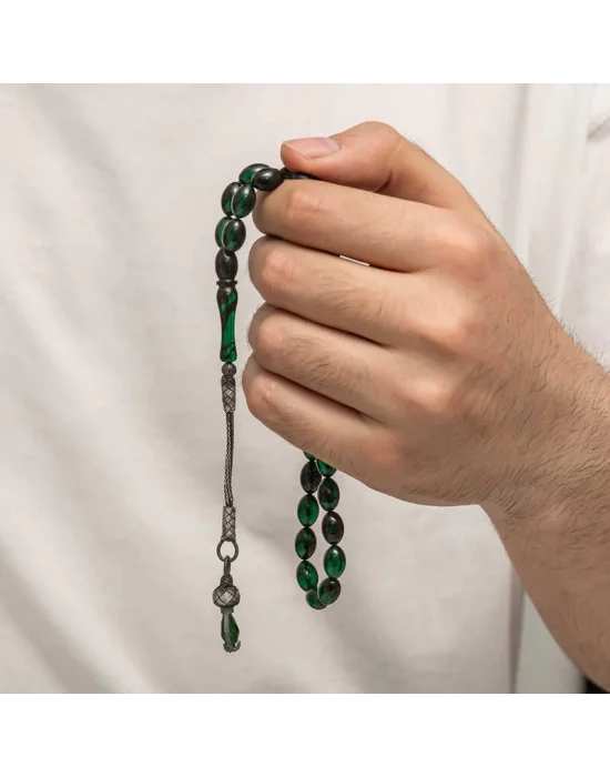 Gümüş 1000 Ayar Kazaz Püsküllü Sıkma Kehribar Tesbih