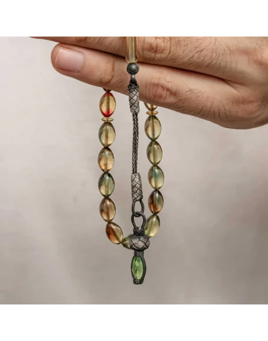 Gümüş 1000 Ayar Kazaz Püsküllü Sıkma Kehribar Tesbih