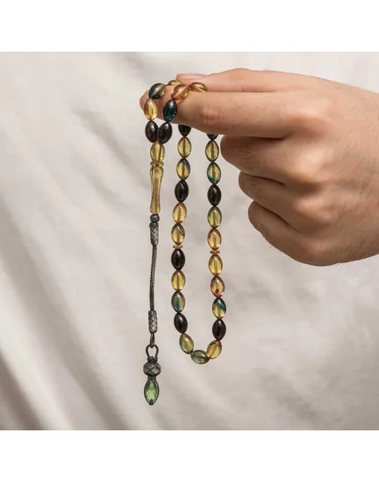 Gümüş 1000 Ayar Kazaz Püsküllü Sıkma Kehribar Tesbih