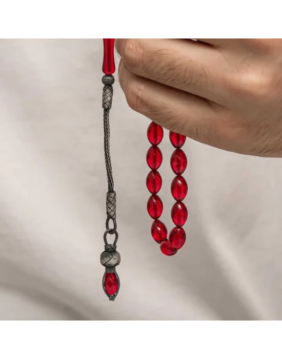 Gümüş 1000 Ayar Kazaz Püsküllü Sıkma Kehribar Tesbih