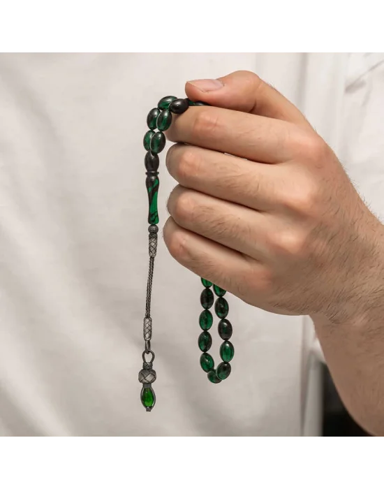 Gümüş 1000 Ayar Kazaz Püsküllü Sıkma Kehribar Tesbih