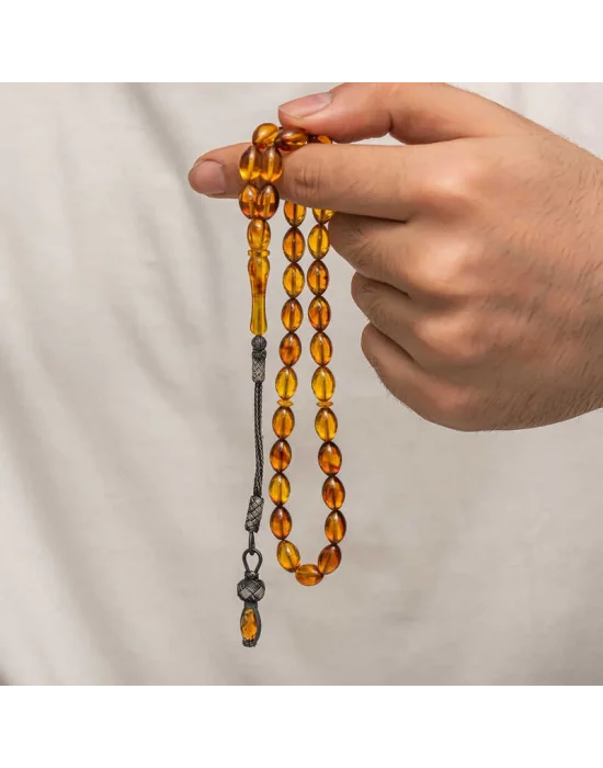 Gümüş 1000 Ayar Kazaz Püsküllü Sıkma Kehribar Tesbih