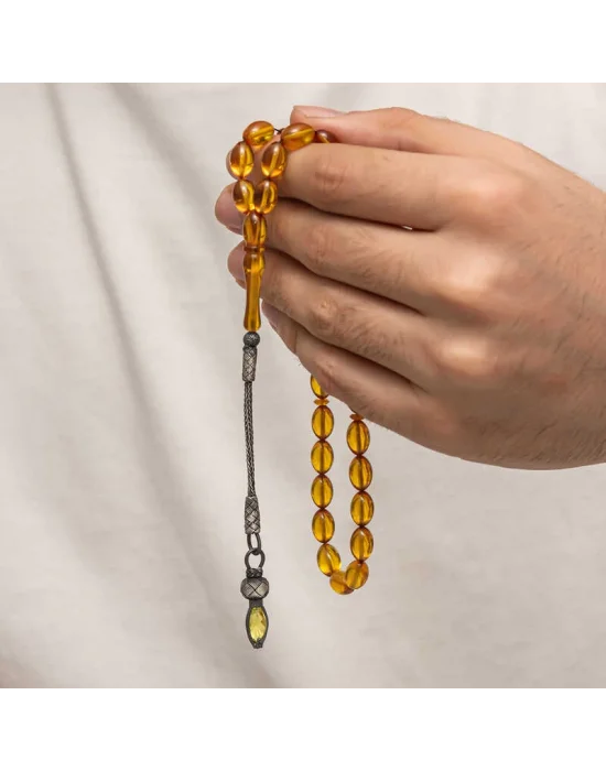 Gümüş 1000 Ayar Kazaz Püsküllü Sıkma Kehribar Tesbih