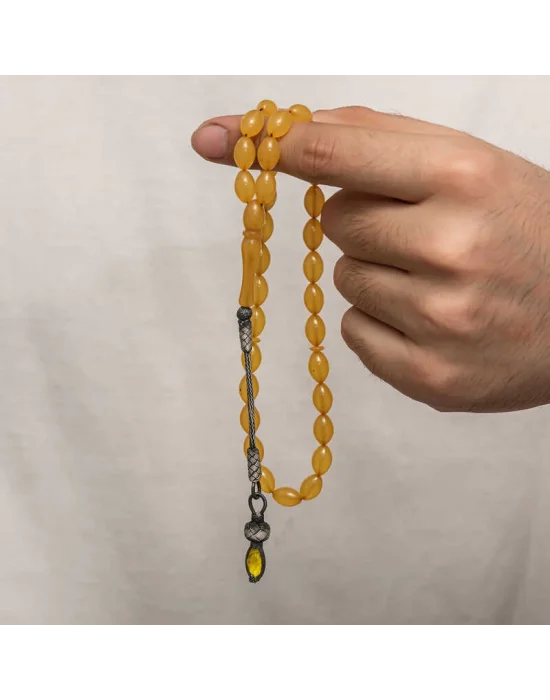 Gümüş 1000 Ayar Kazaz Püsküllü Sıkma Kehribar Tesbih