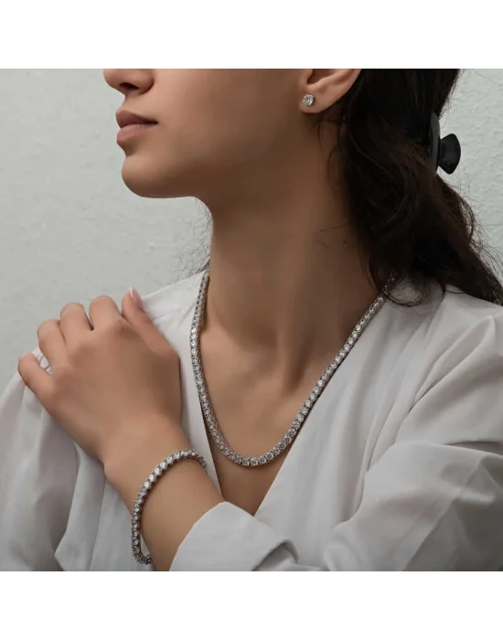 Gümüş 3 mm Beyaz Taşlı Su Yolu Kadın Set