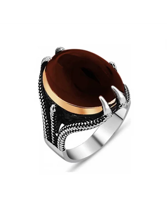 Gümüş Akik Taşlı Kartal Pençesi Erkek Yüzük