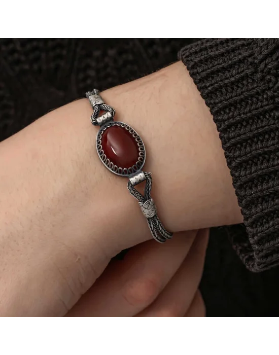 Gümüş Akik Taşlı Kazaziye Bileklik