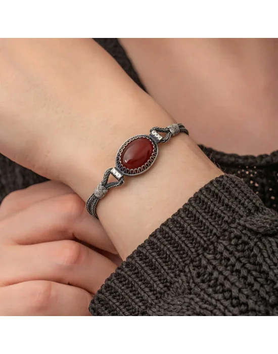 Gümüş Akik Taşlı Kazaziye Bileklik