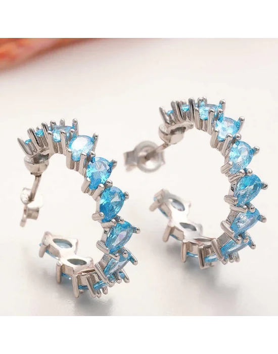 Gümüş Akuamarin Taşlı Damla Çivili Kadın Küpe